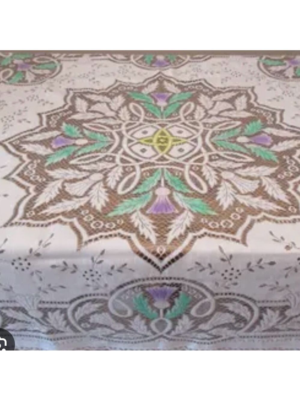 Vintage Colorful Scottish Quaker Lace Tablecloth, Purple Thistles Great Britain